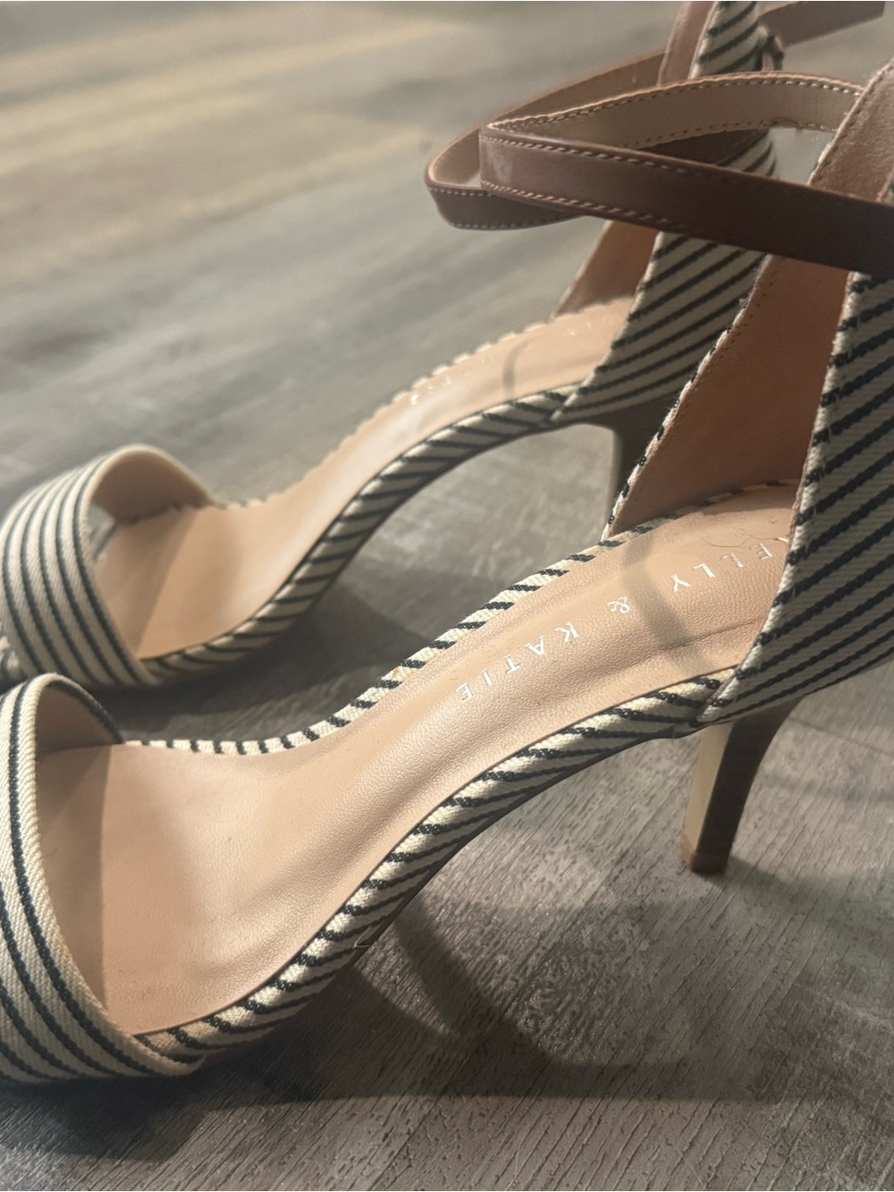 Kelly & Katie Black and White Striped Ankle-Strap Heels